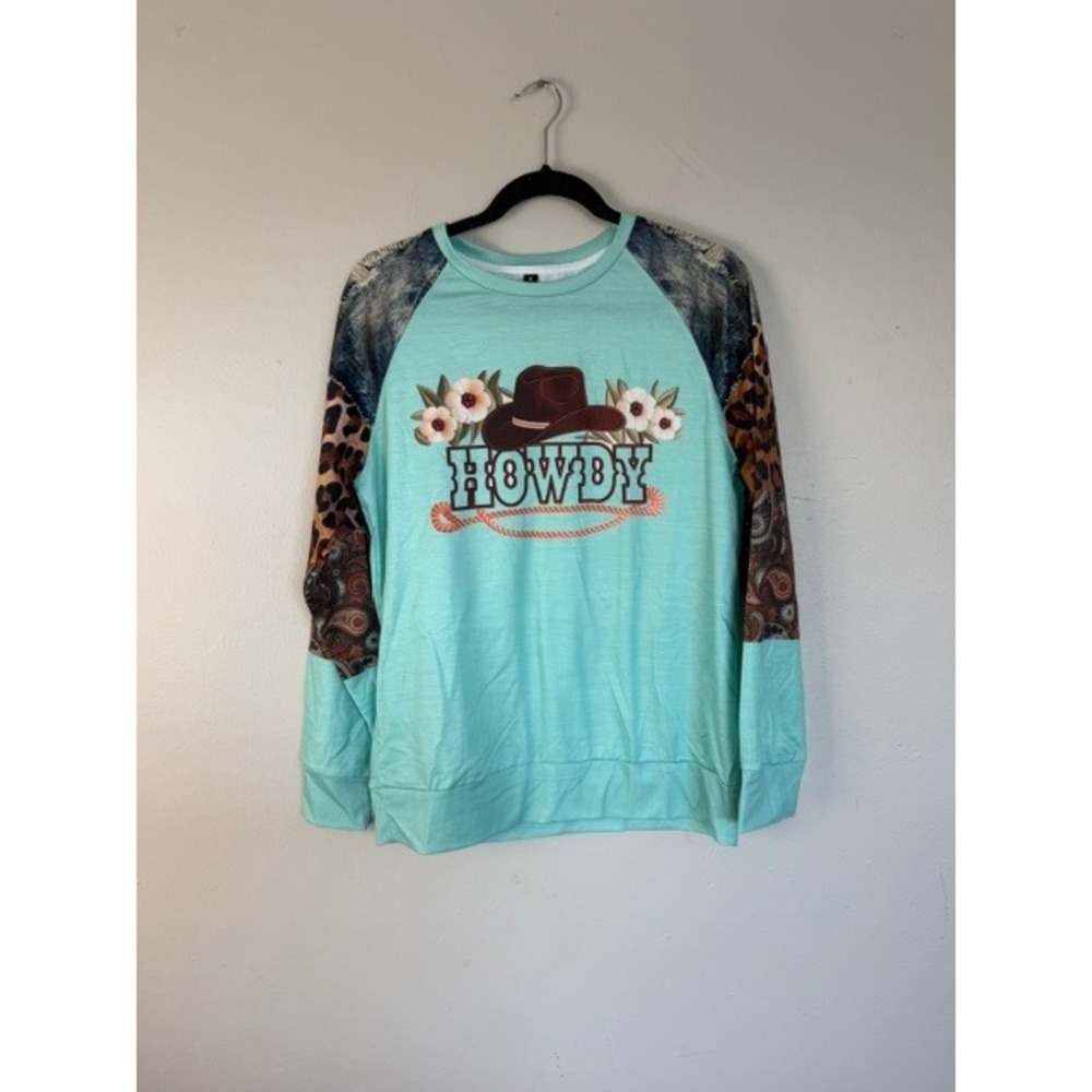 Howdy Western Graphic Top Mint Aqua Mixed Print Raglan Sleeve Size M